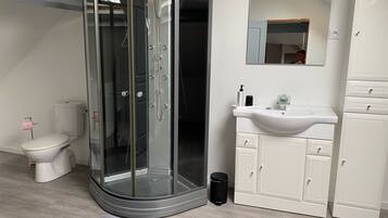 Shower, hair dryer, towels, toilet paper
