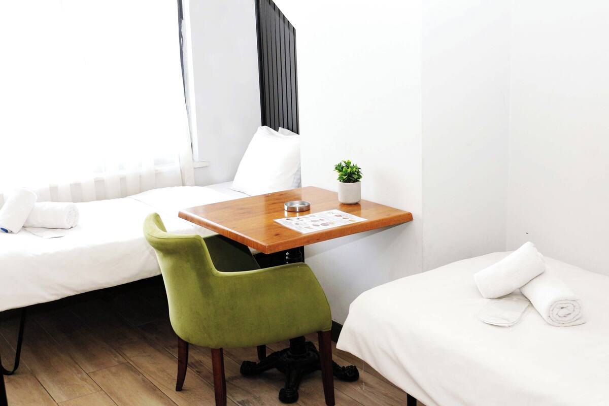 A hotel room with two single beds, a wooden desk, a green chair, a small potted plant, and a window with blinds.