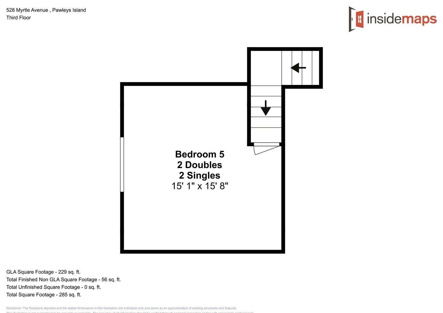 A floor plan of a bedroom labeled as 'Bedroom 5' with 2 doubles and 2 singles, measuring 15' 1" x 15' 8".