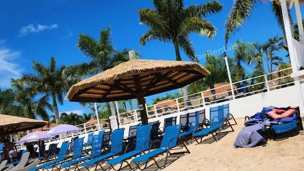 Une plage avec des chaises longues bleues et des parasols en chaume, des palmiers et un bâtiment blanc en arrière-plan.