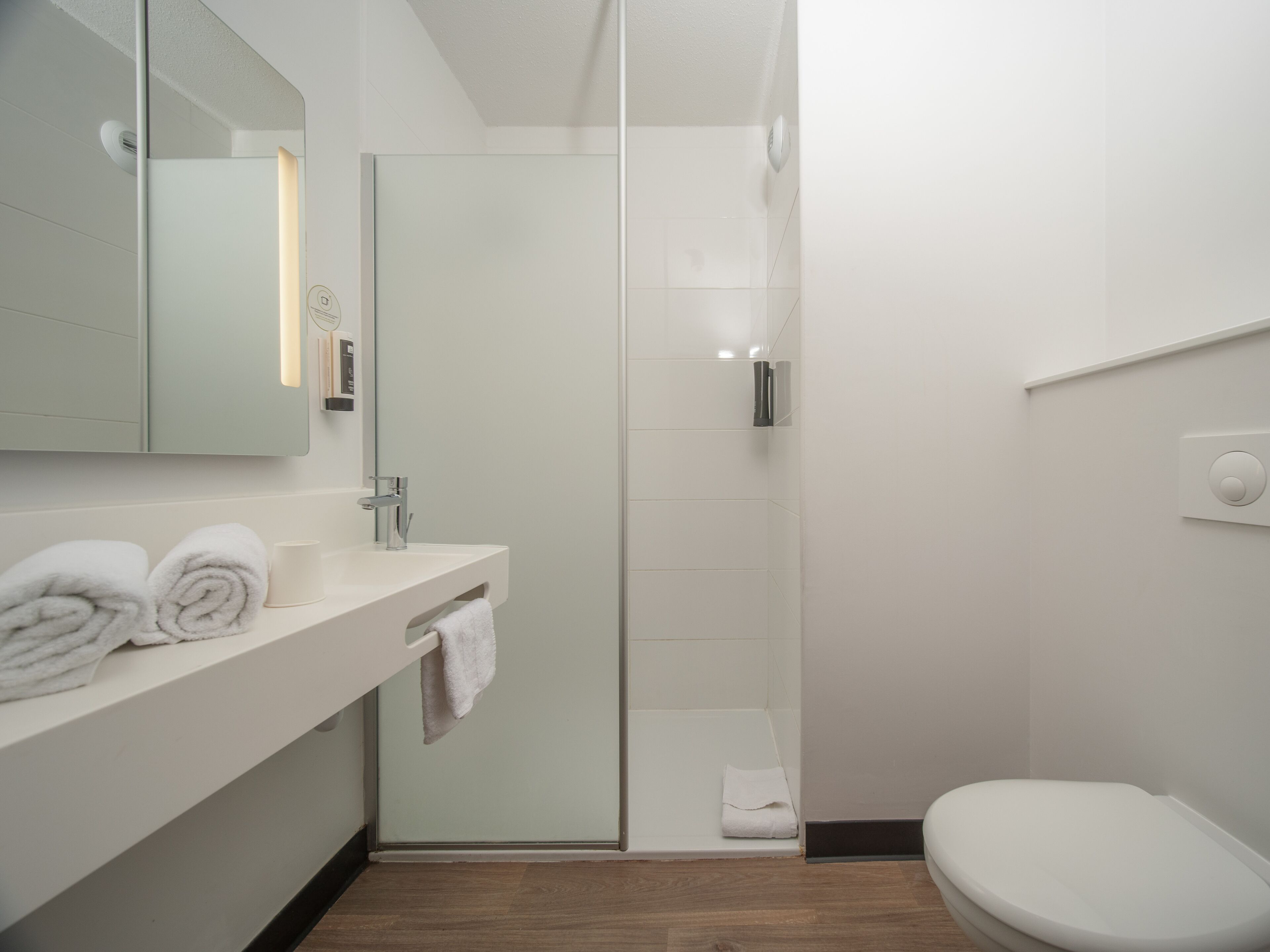A modern bathroom with a glass shower enclosure, a white sink, and a toilet.