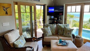 A living room with a sofa, a coffee table, and a television displaying 'dish CD Jazz Traditions'. - MandeVilla Cottage at Ixora spectacular views AC in bedroom mid island location. (St.John)