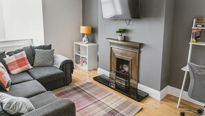 Una sala de estar moderna con un sofá gris, un tapete escocés, una chimenea, un televisor y una estantería.