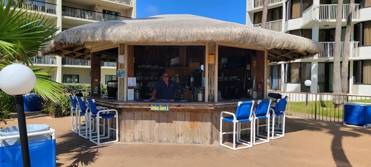 Un espace bar doté d’un toit de chaume, de chaises bleues et d’un comptoir.