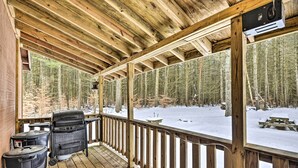 A wooden deck with a grill and trash bins, overlooking a snowy forest. - Pet-Friendly Brantingham Cabin by ATV Trails (Brantingham)