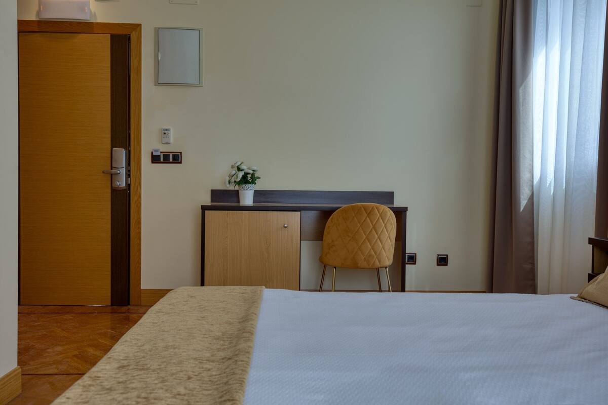 A hotel room with a bed, a desk, a chair, a small potted plant, and a door.