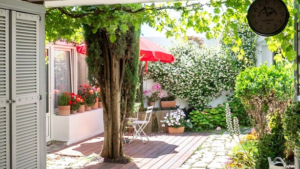 An outdoor patio with a wooden deck, potted plants, and a red umbrella.