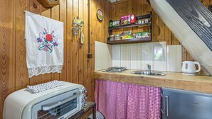 A kitchen with wooden walls, a stove, a sink, and a refrigerator. - Chalet Birchwood With Hot Tub and Sauna (Breznički Hum)