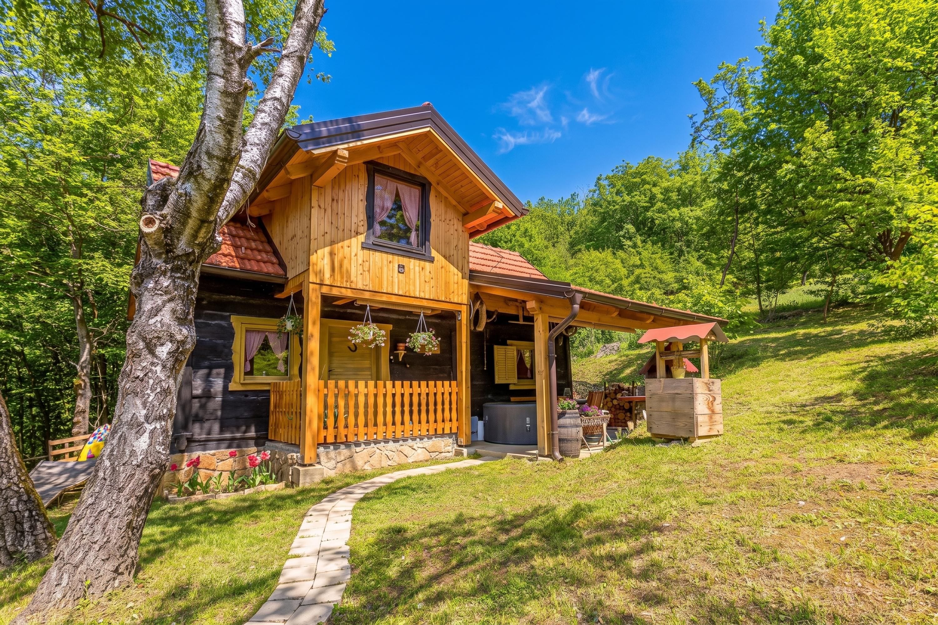 A wooden cabin with a stone foundation, a wooden porch, and a hot tub.