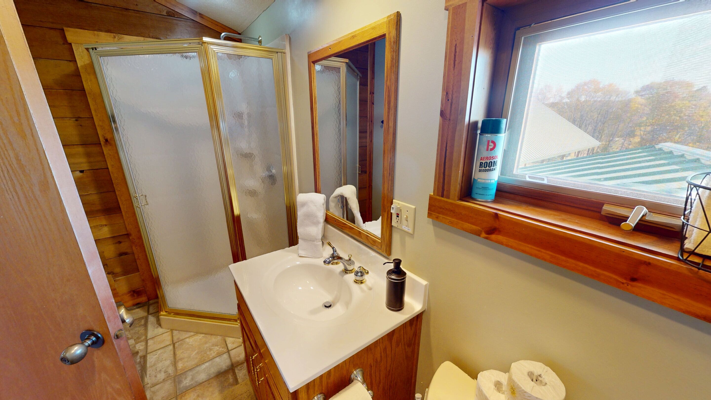 A bathroom with a shower, a sink, a mirror, a toilet, and a window with a view.