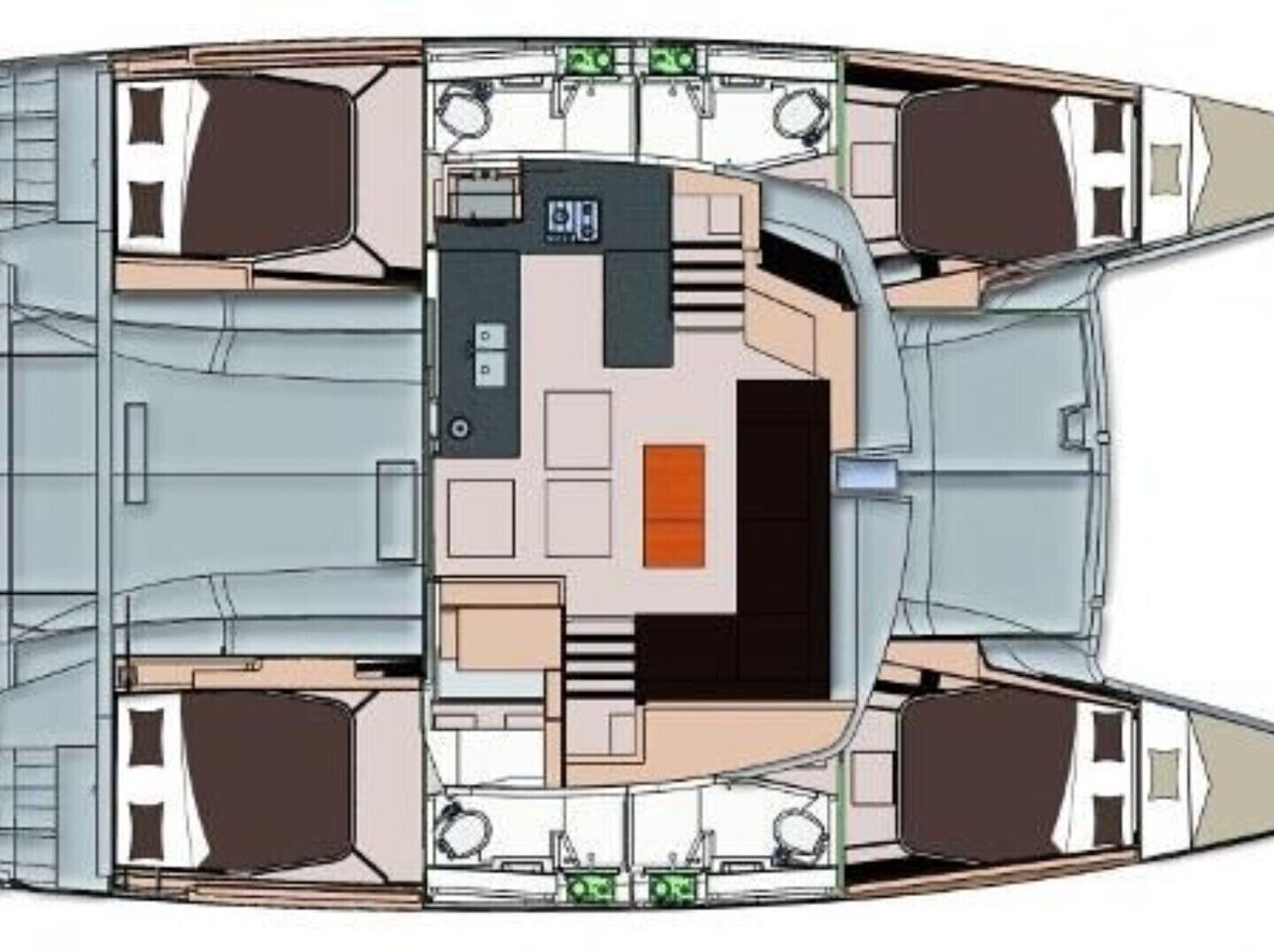 Bootinterieur met een zitgedeelte, een keuken en twee hutten.