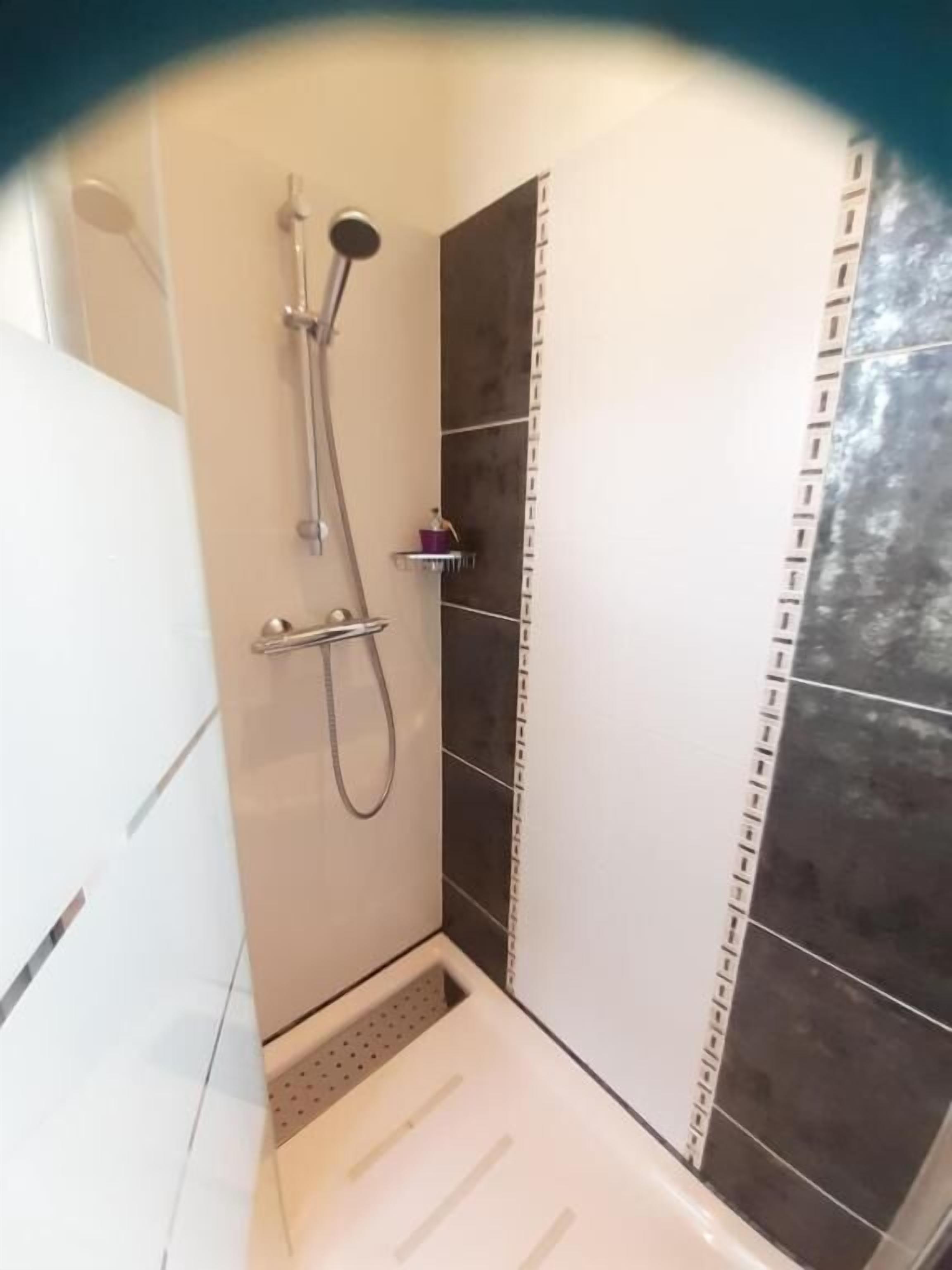 Un baño pequeño y moderno con ducha, inodoro y lavamanos.