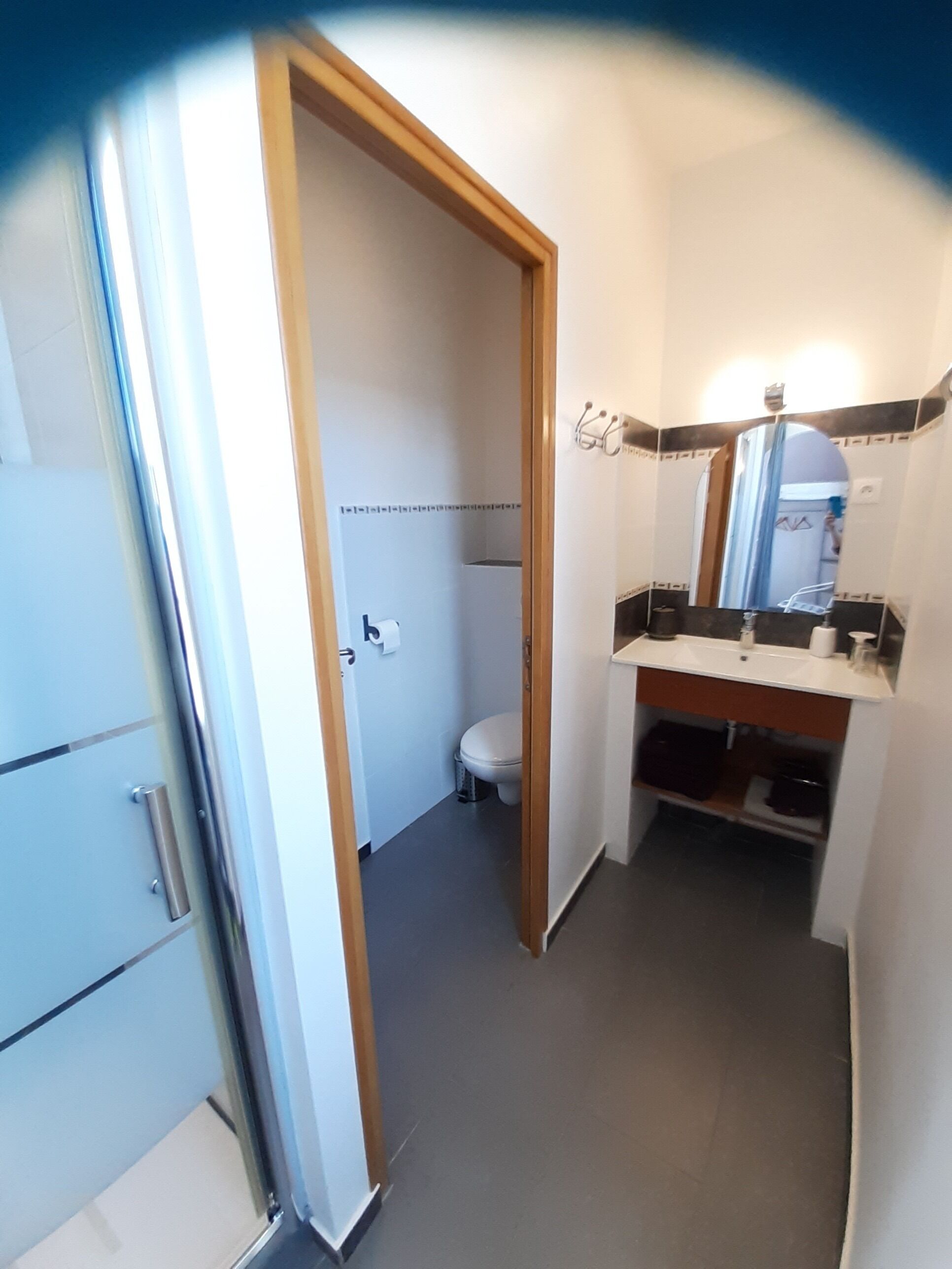 Un baño con inodoro, lavamanos y espejo.