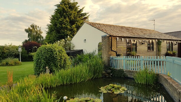 A rustic house with a pond, surrounded by lush greenery and a blue fence.