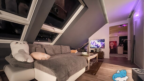 A cozy loft bedroom with a sloped ceiling, a large window, a bed with a gray quilt, a plush white pillow, and a TV on a stand. - Dragons Nest: Cozy & Modern Attic Loft Nuremberg (Schwaig bei Nuernberg)