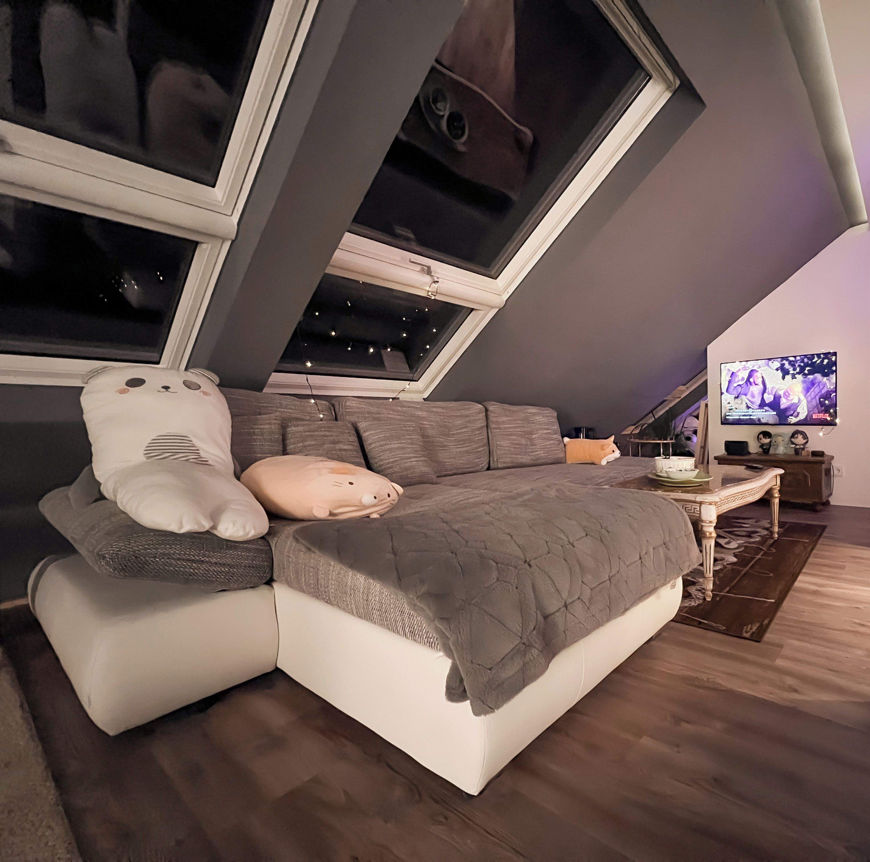 Ein gemütliches Schlafzimmer im Loft-Stil mit schrägem Dach, einem großen Fenster, einem Bett mit grauer Decke und einem weichen weißen Kissen sowie einem Fernseher auf einem Schrank.