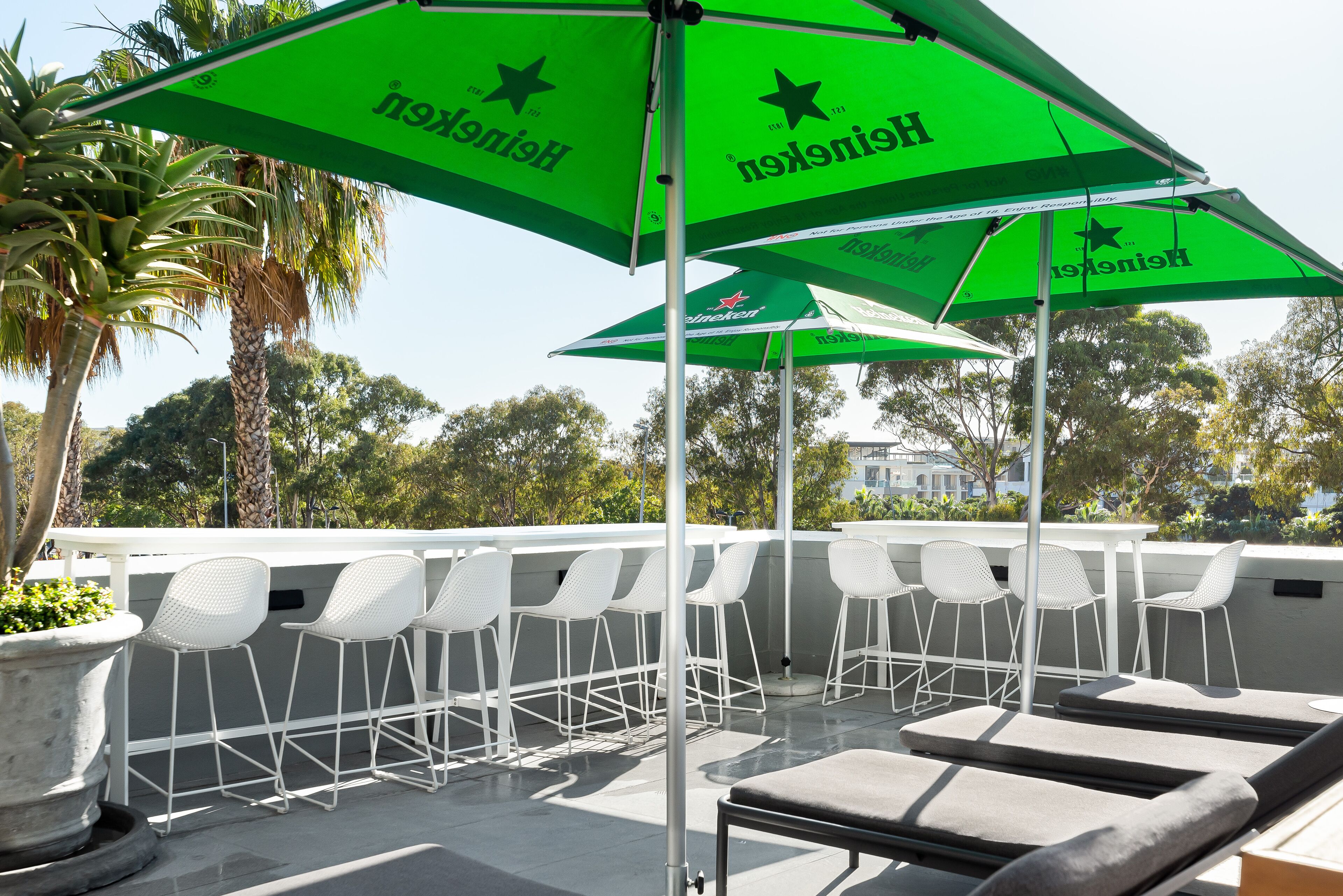 Terraza exterior con sombrillas verdes, sillas blancas y vistas a árboles y edificios.