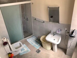 Shower, hair dryer, towels, soap