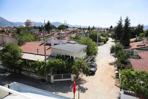 A residential area with houses, a paved road, and a flagpole with a flag.
