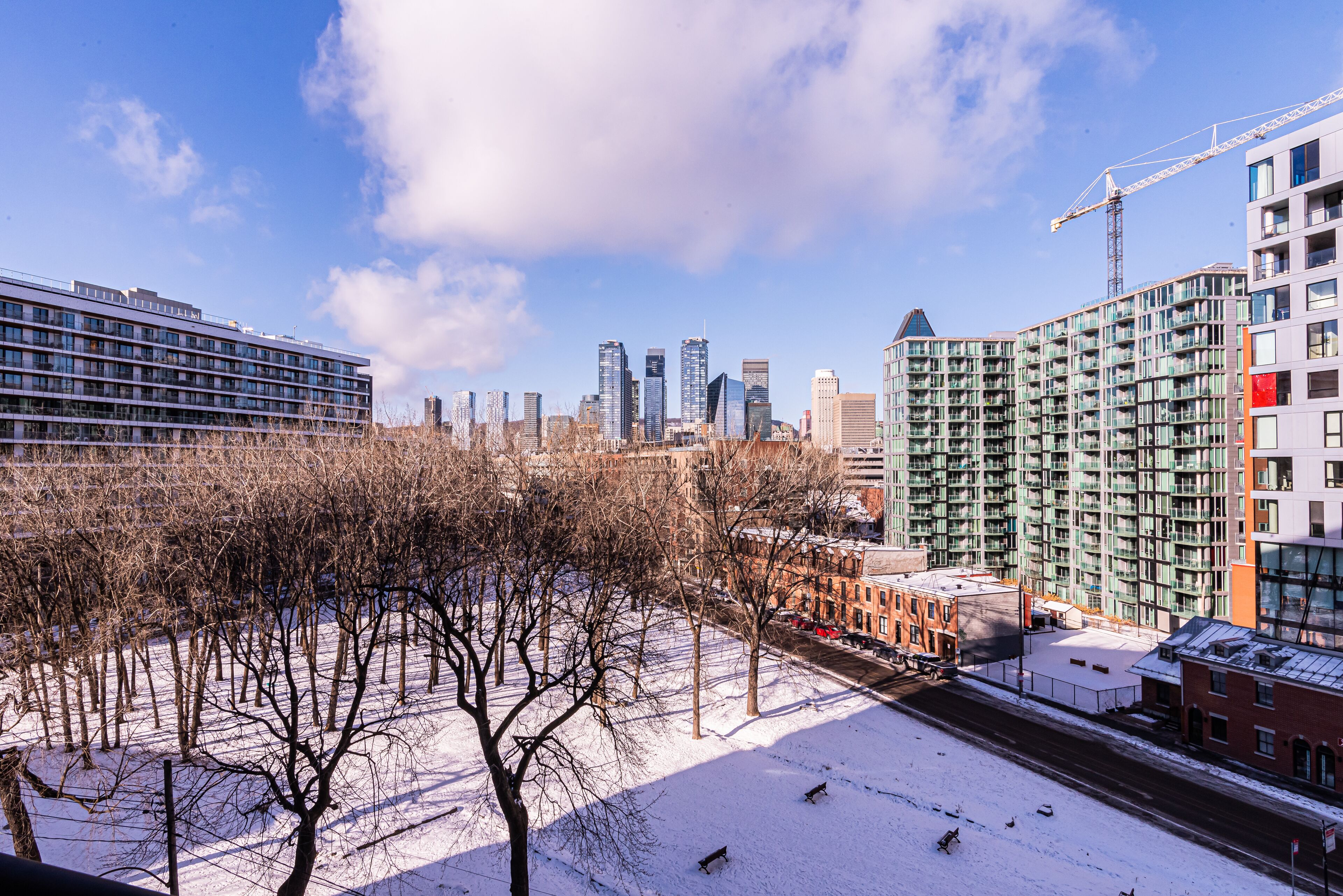 A snow-covered urban landscape with modern buildings, including a high-rise with a crane, and a flat-roofed building with a red facade.