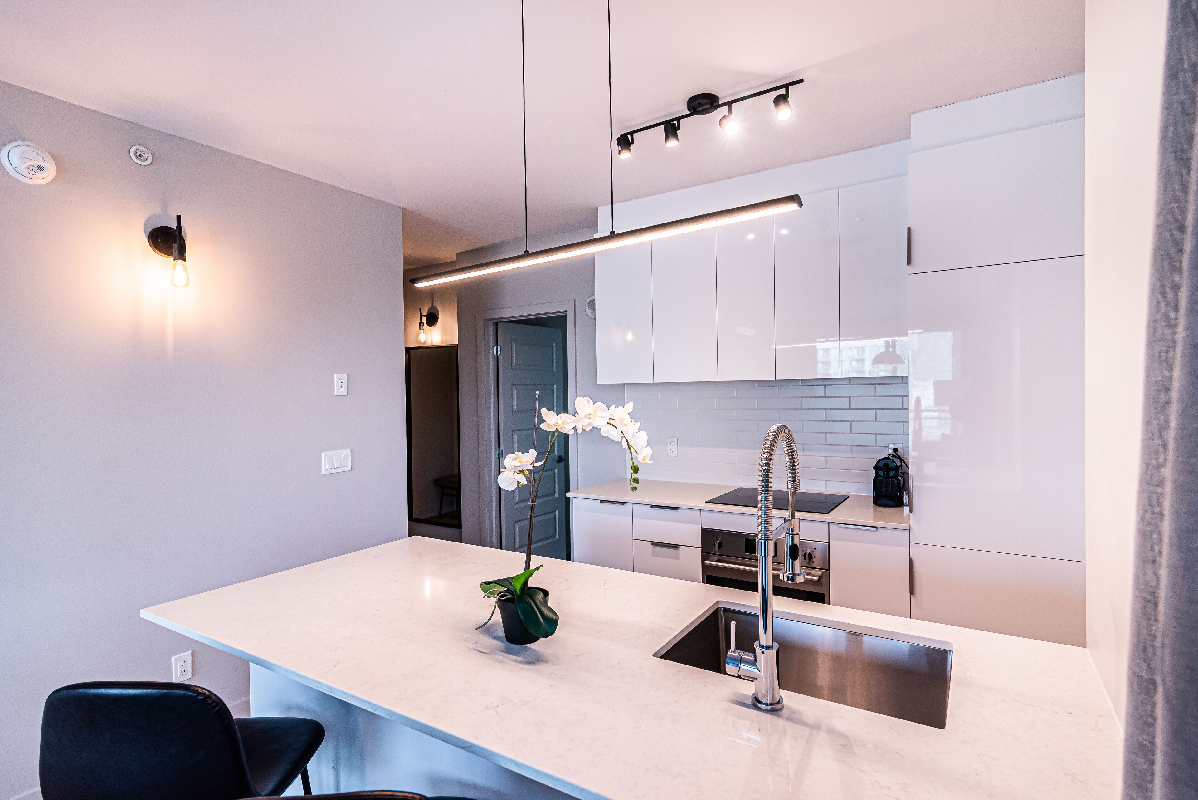 A modern kitchen with white cabinets, a marble countertop, a built-in sink, and a potted orchid.