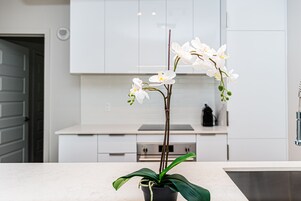 Una cocina moderna con armarios blancos, un lavamanos de acero inoxidable y una orquídea en una maceta sobre la encimera.