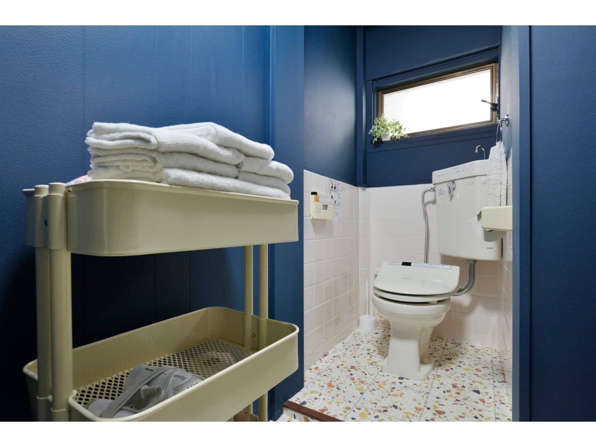 Hair dryer, towels, soap