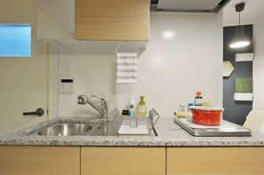 Kühlschrank, Mikrowelle, Herdplatte, Kochgeschirr/Geschirr/Besteck