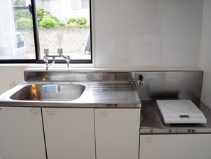 Fridge, microwave, stovetop, cookware/dishes/utensils