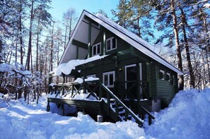 A cabin with a steeply pitched roof, surrounded by snow-covered trees.