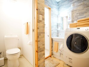 Hair dryer, towels, shampoo