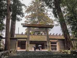 Un bâtiment japonais traditionnel, avec un toit de chaume, des marches de pierre menant à une entrée en bois, et de grands arbres encadrant le paysage.