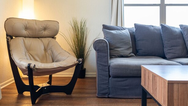 Un salon moderne avec un fauteuil en cuir, un canapé gris, une table basse en bois et une plante en pot.