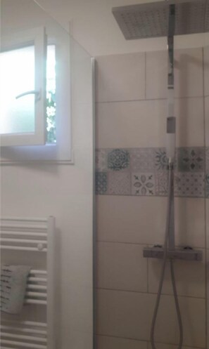 Shower, hair dryer, towels, toilet paper