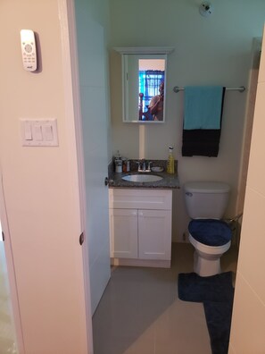 Combined shower/bathtub, towels, soap, toilet paper