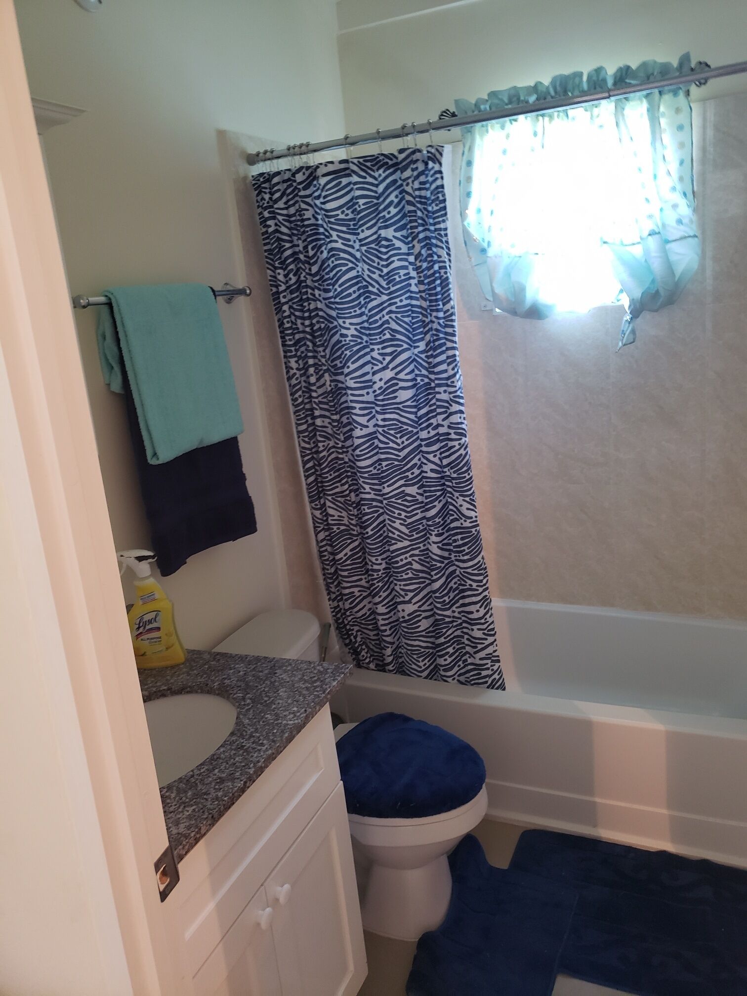 A bathroom with a bathtub, a toilet, a sink, and a shower curtain.