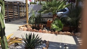 Een tuin met verschillende planten, een houten omheining en een geparkeerde auto.