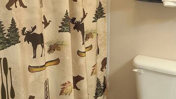 Combined shower/tub, hair dryer, towels, toilet paper