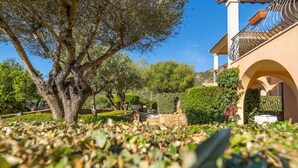 Un jardin bien entretenu, avec un grand arbre, un chemin de pierres et un bâtiment doté d’arcades et d’un balcon.