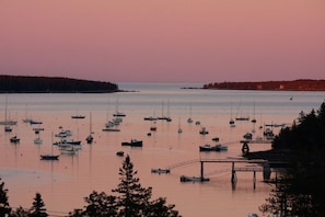 A harbor with numerous boats, calm water, and a forested shoreline.