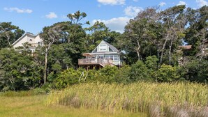 A house surrounded by dense trees and tall grass. - Happy Place! Golf Cart Included! (Emerald Isle)
