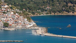 Un pueblo costero con un puerto deportivo, casas de tejados rojos y un litoral rocoso.