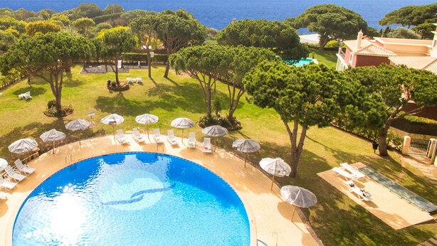 Un espace piscine agrémenté de chaises longues et de parasols, entouré d’arbres et offrant une vue sur la mer.