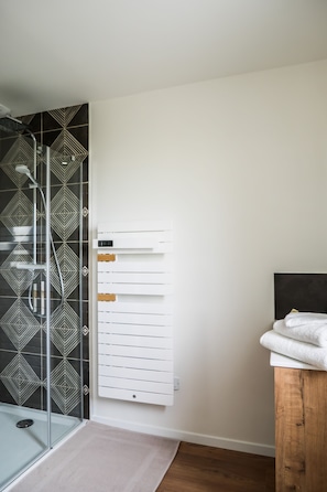 Shower, hair dryer, towels