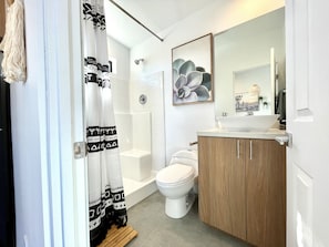 Combined shower/bathtub, hair dryer, towels, toilet paper
