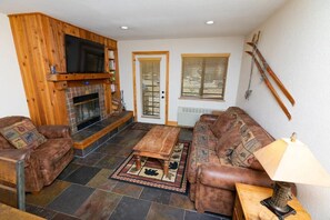 Smart TV, fireplace, DVD player, books