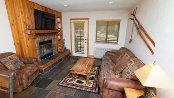 Smart TV, chimenea, reproductor de DVD y libros