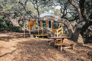Una estructura de madera rústica con un porche cubierto, rodeada de árboles grandes y una mesa de picnic.