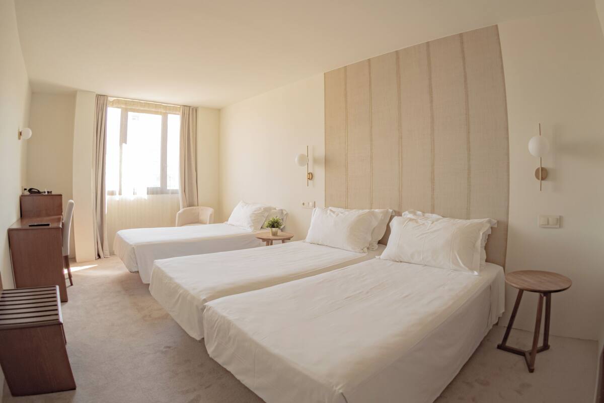 A hotel room with two beds, a desk, a chair, and a small table with a plant.