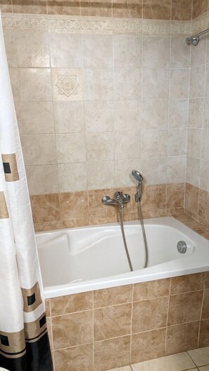 Ensemble baignoire-douche, séchoir à cheveux, serviettes fournies